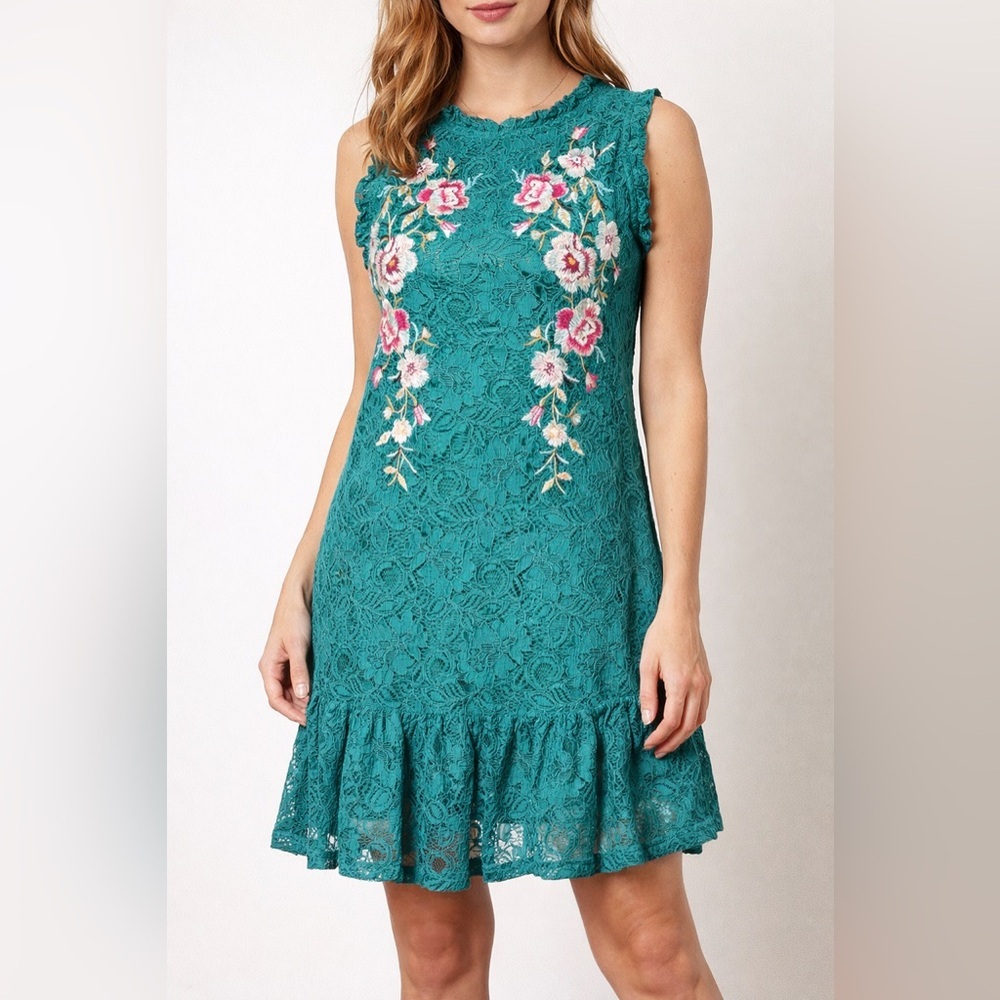 Xhilaration Teal Lace Dress with Floral Embroidery size Small
